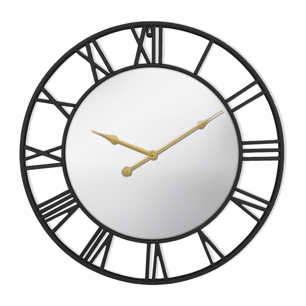 Large Black Wall Clock with Mirror, 24" Silent Roman Clock, Heavy Metal, Living Room Wall Decor-Sona Casa