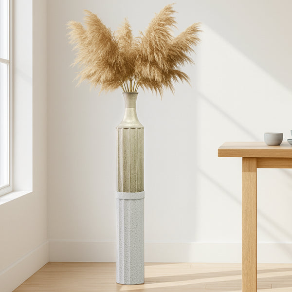 Decorative Metal Tall Floor Vase, 42" High Indoor Decor, Handcrafted Gold Accent Home Office Pot for Pampas Grass