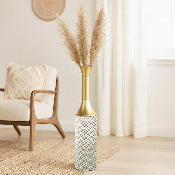 Modern Tall Floor Vase, Handmade Indoor Decor Metal 41" Gold Beige White