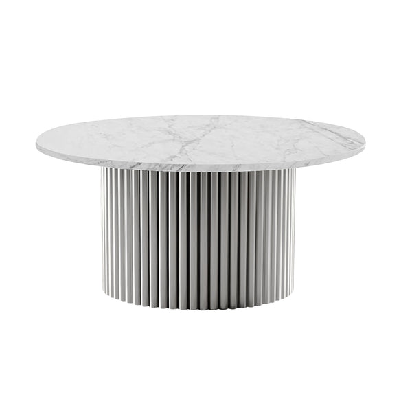 Modern Round Coffee Table Set 35" and 20" White Marble Top, Metal Silver Frame, Centerpiece by Sona Casa