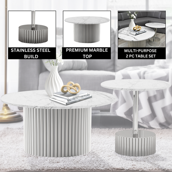 Modern Round Coffee Table Set 35" and 20" White Marble Top, Metal Silver Frame, Centerpiece by Sona Casa