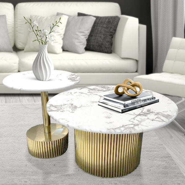 Modern Round Coffee Table Set 35" and 20" Centerpiece, Marble Surface, Metal Gold Frame by Sona Casa