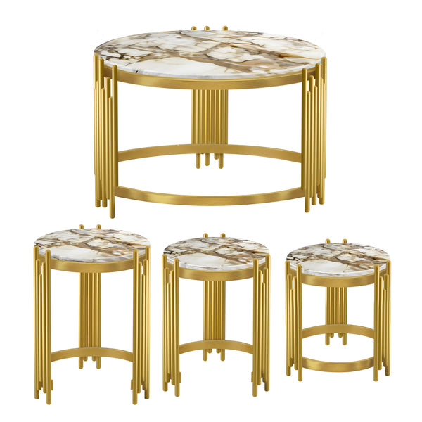 Round Coffee Table Set of 4 Centerpiece, 35" 18" 16" 14" Marble Top, Metal Gold Frame, Home Decor by Sona Casa