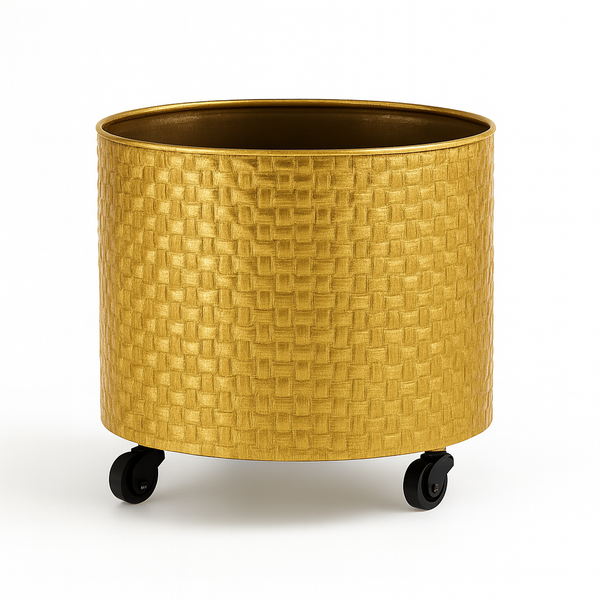 Golden Metal Foil Planter Set with Drain Plug, Indoor Plant Pot with Wheels for Fresh or Faux Plants Home Decor Gift-Sona Casa
