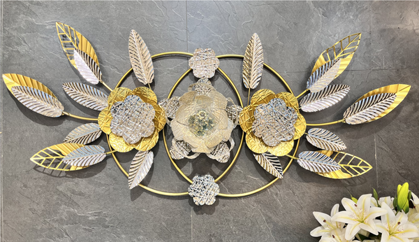 Large Gold Metal Wall Decor with Floral and Leaf Motif, 18 x 50 inch Elegant 3D Botanical Sculpture Home Office Decor-Sona Casa