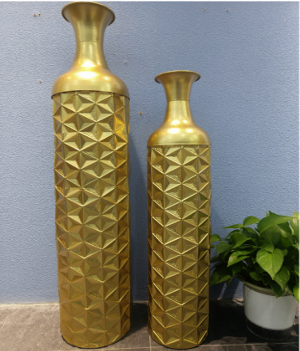Set of 2 Tall Gold Floor Vases, Modern Geometric Metal Vases for Living Room Decor, Large 98cm & 80cm Tall Vase Pair-Sona Casa