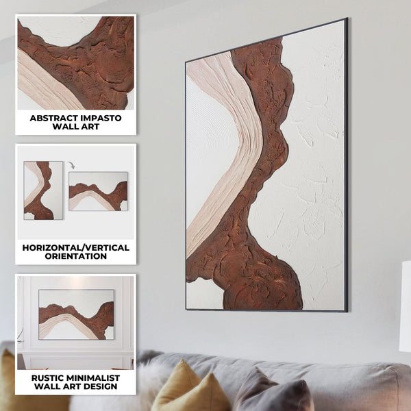 Handmade White Brown Textured Abstract Canvas Artwork 47" Home Office Wall Decor by Sona Casa