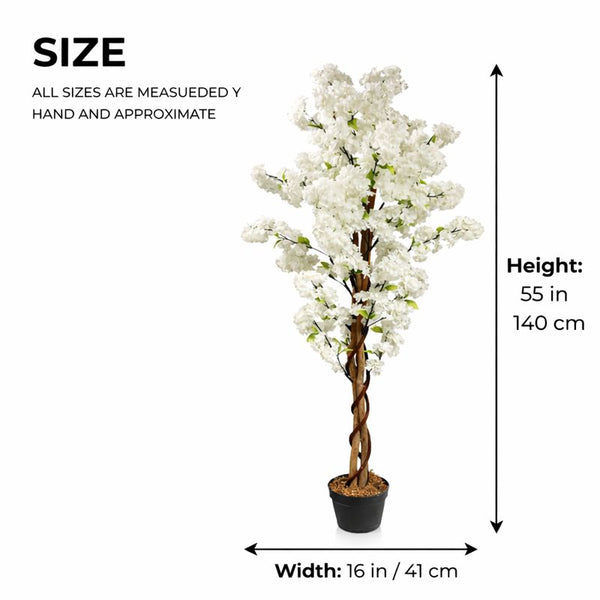Large Artificial Tree, 55" White Sichuan Cherry Blossom, Nearly Natural Fake Plant, Indoor Outdoor Decor for Garden, Patio, Front Porch