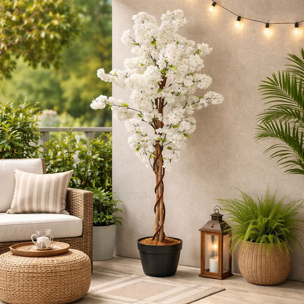 Large Artificial Tree, 55" White Sichuan Cherry Blossom, Nearly Natural Fake Plant, Indoor Outdoor Decor for Garden, Patio, Front Porch