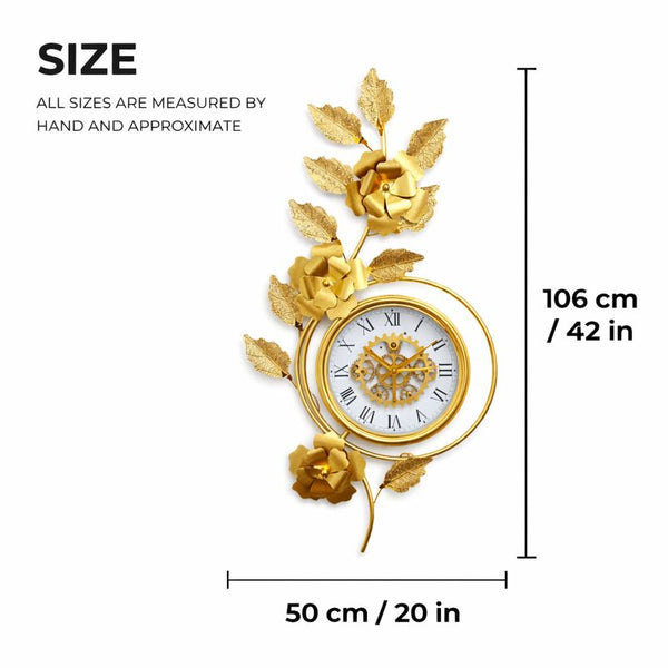 Large Gold Metal Wall Clock, Floral Botanical Silent Clock, 42 inch Vertical Horizontal Orientation-Sona Casa