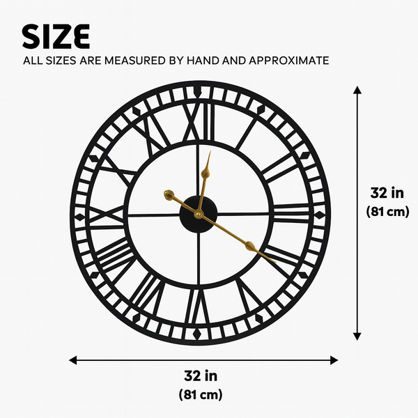 Oversized Round Metal Wall Clock, Large 32" Black Roman Numeral Silent Non Chime Clock, Home Office Decor-Sona Casa