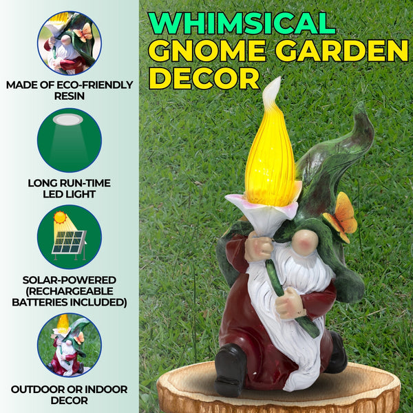 Polyresin Gnome Solar LED Torch Flame, 12" Garden Figurine Outdoor Decor by Sona Casa