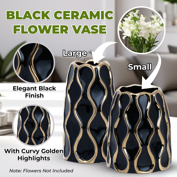 Black Ceramic Vase With Golden Trim , 10" and 8" Table Vase Centerpiece by Sona Casa