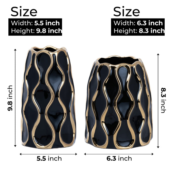 Black Ceramic Vase With Golden Trim , 10" and 8" Table Vase Centerpiece by Sona Casa