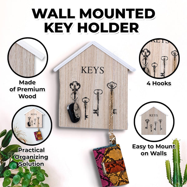 Wooden Wall Mounted Key Holder, 10" 4-Hook Farmhouse Rustic Home Office Entryway Decorative Organizer Rack, Gifts by Sona Casa