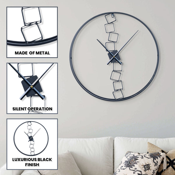 Black Metal Wall Clock, 24" Silent Abstract, Modern Living Room Decor by Sona Casa