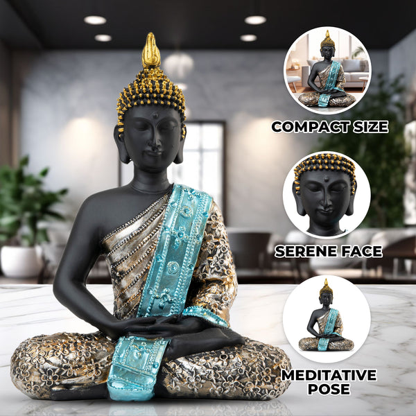 Small Meditating Buddha Statue, Black Gold Figurine, 11" Living Room Desk Sculpture, Shelf Decor, Spiritual Gifts, Collectibles by Sona Casa