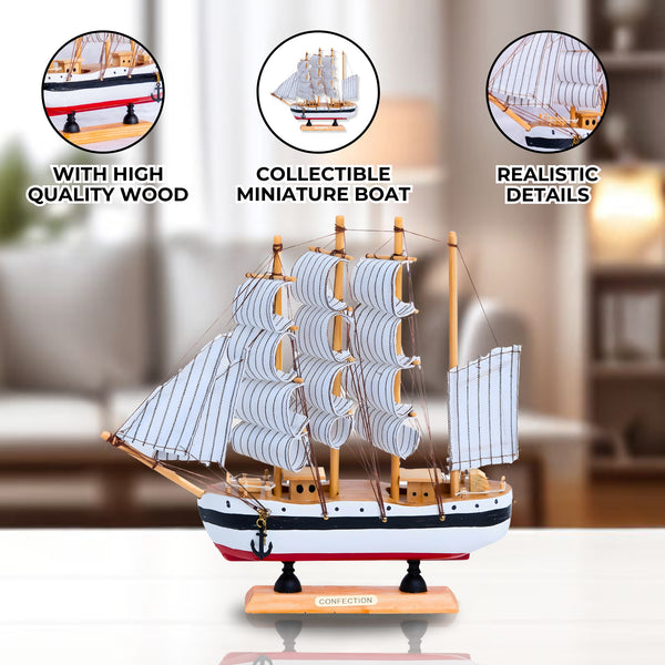 Wooden Ship Model, Cloth Sails, 9" Nautical Tabletop Decor by Sona Casa