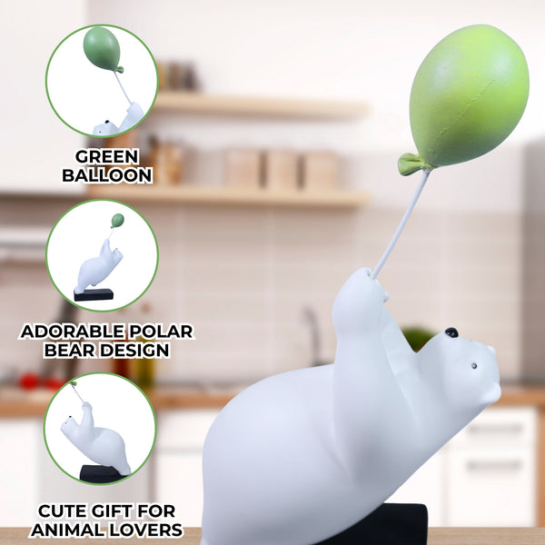 Animal Statue Polar Bear Sculpture with Green Balloon, 11" Desk Sculpture by Sona Casa