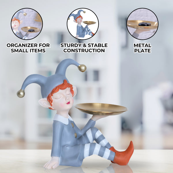 Tabletop Metal Tray Organizer, 11" Resin Clown Elf Statue, Table Desk Shelf Sculpture, Home Office Decorations, Gifts by Sona Casa