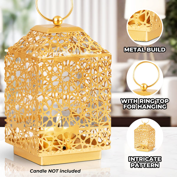 Golden Tealight Lantern Candle Holder, 7" Metal Holder, Indoor Outdoor Decor with 1 Tealight Candle by Sona Casa