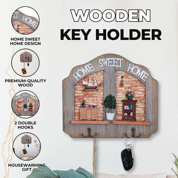 Rustic Wooden Key Holder Wall Mount With 2 Double Hooks, 10" Entryway Farmhouse Home, Office Decorative Key Rack Hanger, Gifts by Sona Casa