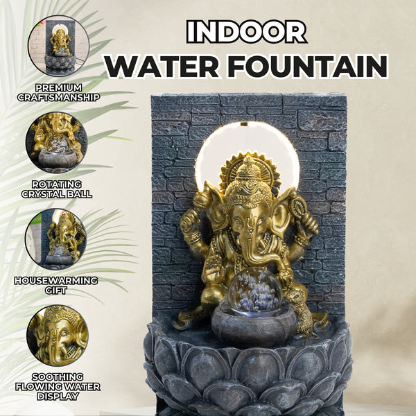 Indoor Waterfall with Golden Ganesha Statue, Lights, Crystal Ball, Polyresin Tabletop Fountain, Desktop Water Fountain, Home or Office Decor 12 inch 31 cm by Sona Casa