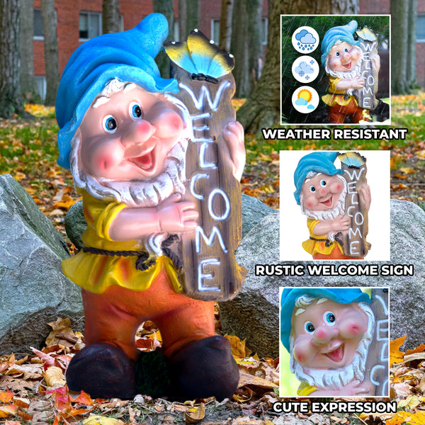 Welcome Gnome Garden Statue, 13" Patio Porch Lawn Ornament by Sona Casa