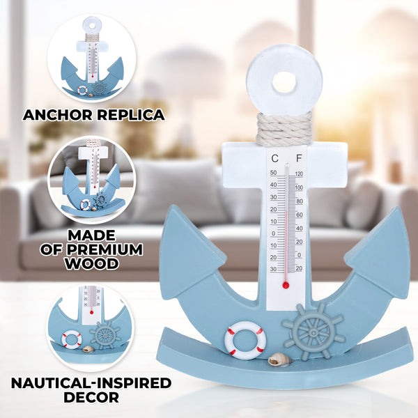 Wooden Anchor Desk Statue with Temperature Gauge, 8" Decorative Nautical Decor, Beach Themed Home Decor, Gifts by Sona Casa