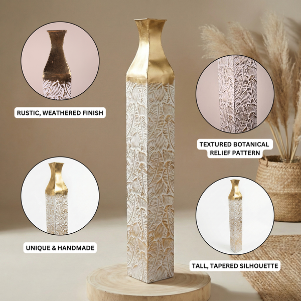 Modern Decorative Metal Tall Vase, Rustic Weathered Finish, Handmade Gold Living Room Decor, 35" Pots for Pampas Grass-Sona Casa