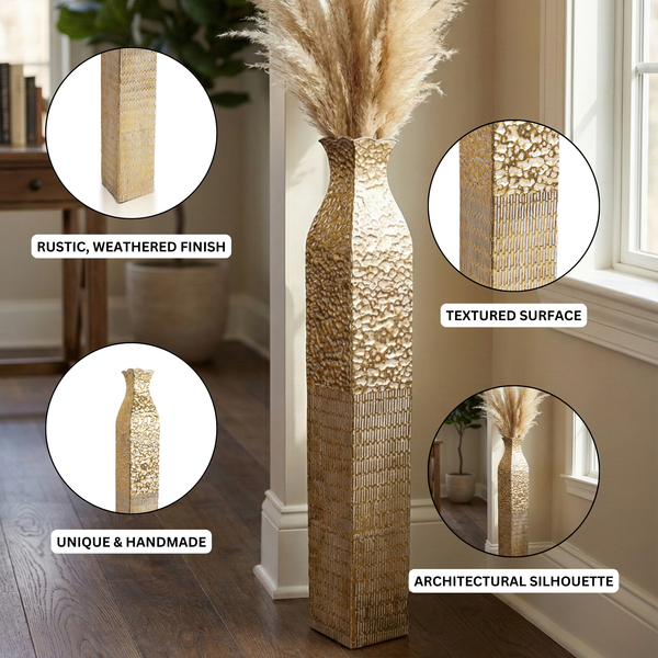 Tall Metal Vases, Extra Large Decorative Floor Vase, 42" Large Flower Pots for Pampas Grass, Rustic Weathered Handmade Home Living Room Decor-Sona Casa