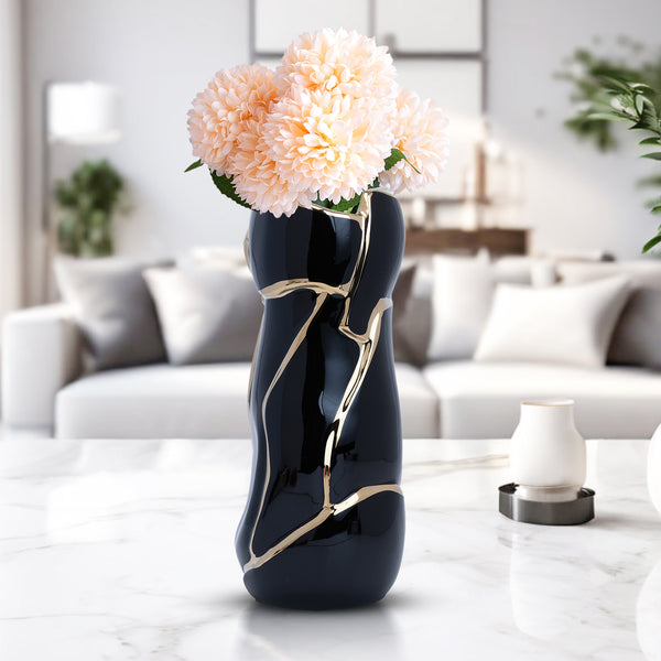 Abstract Black And Gold Ceramic Vase - Flower Bud Centerpiece For Home Decor by Sona Casa