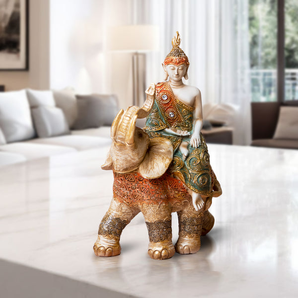 Buddha Statue on Elephant Figurine, 10" Tabletop Decor for Meditation Room by Sona Casa
