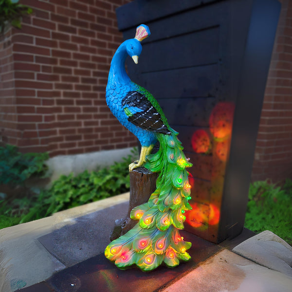 Peacock Garden Solar Light, Outdoor Fairy Garden Decor, Polyresin Solar Powered Statue, Blue Green Garden Sculpture, Patio Decor 19 inch 47 cm by Sona Casa