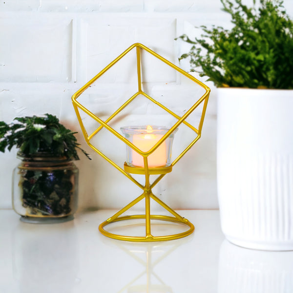 Metal Candle Holder, Glass Container, 8" Tabletop Decor by Sona Casa