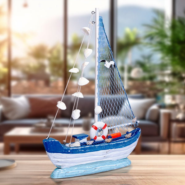 Handmade Wooden Sailboat, 15" Nautical Table Sculpture, Rustic Boat Model, Desk Shelf Decor, Gifts by Sona Casa