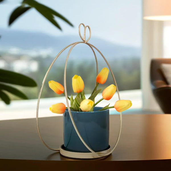 Small Ceramic Flower Pot, Golden Metal Frame, 9" Living Room, Home Decor by Sona Casa