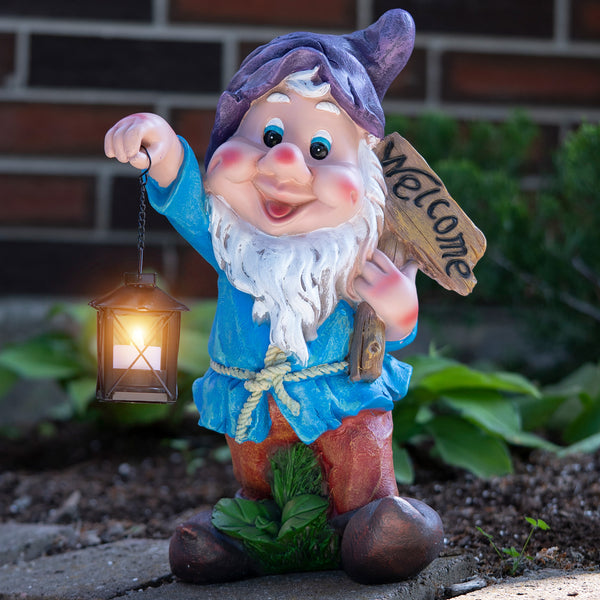 Welcome Gnome Statue with Metal Tealight Candle Holder, Outdoor Polyresin Gnome Lawn Garden Decor with Purple Hat, Large, 16 inch 40 cm by Sona Casa