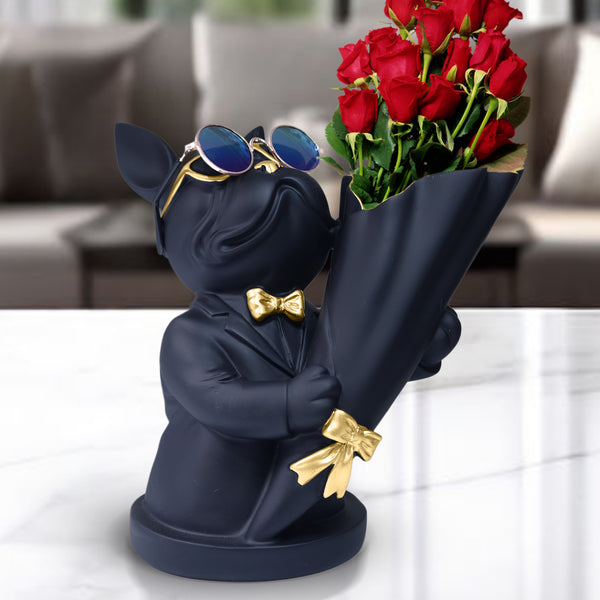 Dog Statue with Bouquet Holder Black Home Decor Accent, Polyresin Artwork Tabletop Centerpiece 9 inch 22 cm by Sona Casa