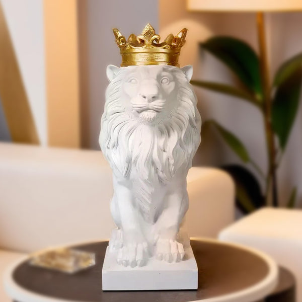 White Lion King with Golden Crown, Statue of a Lion, Table Centerpiece, Home or Office Decor, 36 cm, 24 inch, Unique Gift by Sona Casa