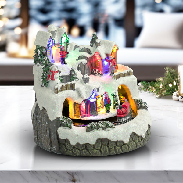 Illuminated Musical Christmas Village Set With Animated Carousel, Train Station & Figurines, LED Light-Up White Houses, Holiday Tabletop Decor by Sona Casa