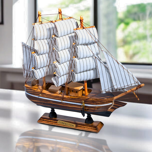 Brown Wooden Sailboat Model With Realistic Cloth Sails - Nautical Marine-Inspired Home Decor by Sona Casa