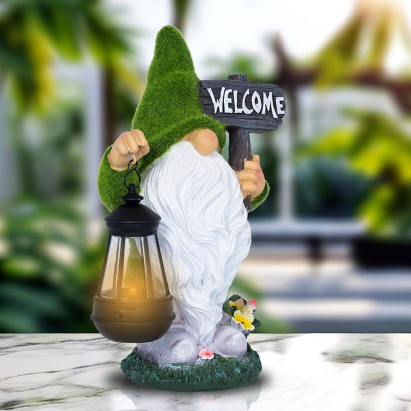 Welcome Gnome with Solar Powered Garden Lamp, Green White, Polyresin Lawn Gnome Statue, Patio Statue 13 inch 33 cm by Sona Casa