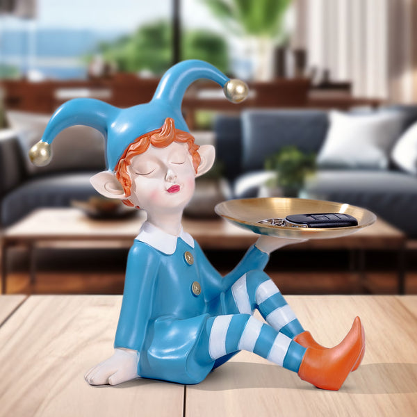 Blue 11" Elf Statue Organizer, Golden Decorative Metal Tray for Table, Desk, Shelf, Figurines for Home Office,Unique Gifts by Sona Casa