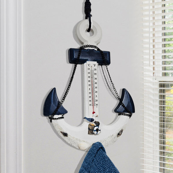Anchor Wall Mount Coat Rack, Hook & Built-In Thermometer, 13" Rustic Ocean, Beach Themed Decor, Nautical Gifts by Sona Casa