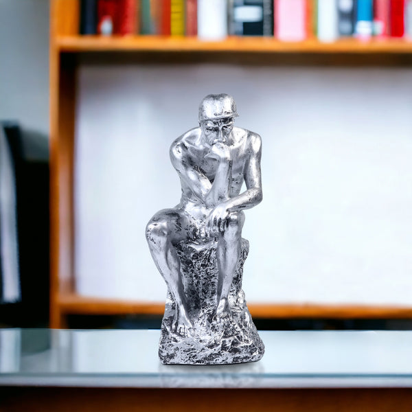 Rustic Silver Male Nude Statue, 10" Rodin's The Thinker Table Decor by Sona Casa
