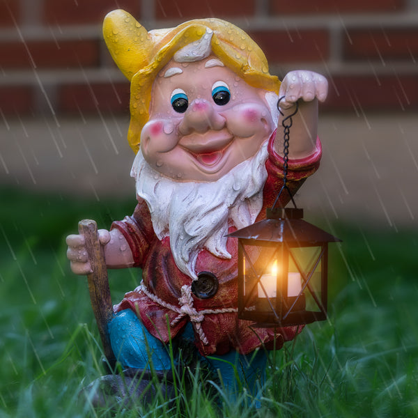 Outdoor Gnome Statue, Metal Lantern, Large 16" Yard Art by Sona Casa