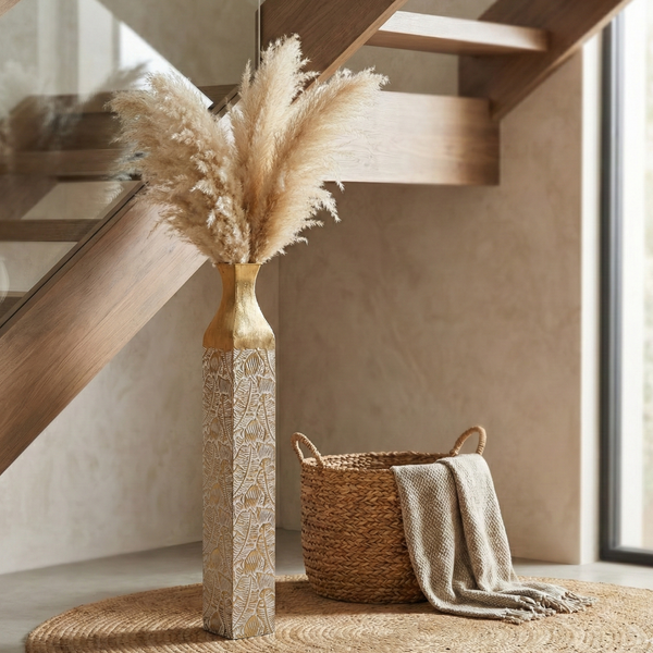 Modern Decorative Metal Tall Vase, Rustic Weathered Finish, Handmade Gold Living Room Decor, 42" Pots for Pampas Grass-Sona Casa