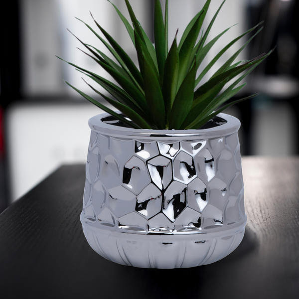 Silver Chrome Ceramic Vase, 5" Geometrical Textured Bud Vase for Fake or Fresh Flowers, Home Decor Accent by Sona Casa