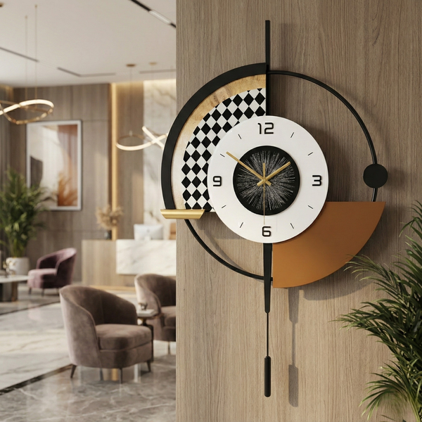 Modern Black and White Wall Clock with LED Light, Remote Controlled, Unique Geometric Design, Pendulum, Living Room Decor, Gift-Sona Casa